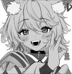  1girl alzcats animal_ear_fluff animal_ears armor blush cevio coko_(cevio) commentary diamond_earrings earrings fangs fox_ears fox_girl fox_shadow_puppet greyscale half-closed_eyes hand_up holding_another&#039;s_tail jewelry kamitsubaki_studio long_sleeves looking_at_viewer medium_hair messy_hair mole mole_under_eye monochrome mouse open_mouth pauldrons pendant_choker portrait puffy_long_sleeves puffy_sleeves raised_eyebrows shoulder_armor simple_background sleeve_cuffs smile solo tail teeth 