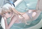  1girl absurdres ass bathing bathtub bikini blonde_hair blue_archive blue_eyes breasts closed_mouth halo highres long_hair looking_at_viewer lying noa9noaa on_stomach partially_submerged small_breasts solo swimsuit toki_(blue_archive) very_long_hair water white_bikini 