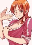  1girl afterimage aosora2823 blush breasts brown_eyes cleavage fanning_self grin highres hot large_breasts looking_at_viewer motion_lines nami_(one_piece) one_eye_closed one_piece orange_hair pink_shirt shirt short_hair simple_background sleeves_rolled_up smile solo upper_body 