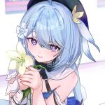  1girl ahoge arin_(1010_ssu) bare_shoulders beret black_headwear blue_hair blurry blurry_background closed_mouth commentary_request depth_of_field flower food griseo hair_between_eyes hair_ornament hands_up hat holding holding_food honkai_(series) honkai_impact_3rd looking_at_viewer purple_eyes smile solo twitter_username upper_body white_flower 