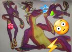  ambiguous_gender anthro bodily_fluids breath_powers censored claws crbrsp dragon dragonshibari duo feathers horn male male/male nude preston_[crbrsp] purple_body scalie smile solo tail tail_feathers tongue wingless_dragon yellow_body 