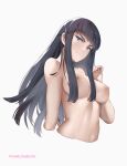  1girl artist_name black_hair blue_eyes blunt_bangs breasts completely_nude cropped_torso english_commentary hand_up highres kill_la_kill kiryuuin_satsuki large_breasts light_frown long_hair looking_at_viewer navel nipples nude pomelomelon solo thick_eyebrows upper_body white_background 