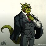  2018 absurd_res adjusting_tie anthro black_bottomwear black_clothing black_pants black_suit bottomwear clothed clothing crever_(fansl) dated digital_media_(artwork) dragon dress_shirt eye_scar facial_horn facial_scar facial_spikes fangs fansl formal_wear gradient_background green_body green_hair green_scales green_tail hair hi_res horn jaw_spikes male necktie nose_horn pants red_necktie scales scar serious shirt signature simple_background solo spikes spikes_(anatomy) suit tail teeth topwear vest weibo weibo_logo white_clothing white_shirt white_topwear wingless_dragon 