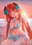  1girl absurdres beach belly bikini blue_bow bow breasts closed_eyes fake_horns genshin_impact highres horns ineka_ka jewelry long_hair medium_breasts navel nilou_(genshin_impact) ocean open_mouth red_hair smile solo stomach sunset swimsuit veil 