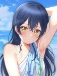  1girl armpits bare_shoulders blue_hair blue_sky blush borgbutler breasts closed_mouth cloud cloudy_sky hair_between_eyes highres long_hair love_live! love_live!_school_idol_project outdoors sky small_breasts solo sonoda_umi upper_body yellow_eyes 
