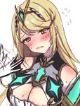  1girl bare_shoulders blonde_hair blush breasts chest_jewel cleavage cleavage_cutout clothing_cutout drop_earrings earrings elbow_gloves fanning_face gloves highres jewelry large_breasts long_hair mythra_(xenoblade) norimaki_(nrmk_norinori) solo sweat swept_bangs tiara very_long_hair white_gloves xenoblade_chronicles_(series) xenoblade_chronicles_2 yellow_eyes 