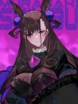  1girl black_dress black_hair breasts character_name closed_mouth commentary cone_hair_bun double_bun dress english_text fate/grand_order fate_(series) flprayer gem hair_bun hair_ornament highres holding large_pectorals long_hair looking_at_viewer murasaki_shikibu_(fate) parasol pectorals puff_and_slash_sleeves puffy_sleeves purple_eyes purple_gemstone smile solo umbrella very_long_hair 