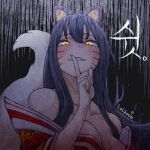  1girl ahri_(league_of_legends) animal_ears artist_name bare_shoulders black_hair blush breasts cleavage collarbone detached_sleeves fox_ears fox_girl fox_tail gradient_background grin index_finger_raised large_breasts league_of_legends lolboja long_hair long_sleeves smile solo tail teeth translation_request yellow_eyes 