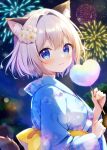  1girl aerial_fireworks animal_ear_fluff animal_ears aoi_yun blue_eyes blue_kimono blurry blurry_background blush breasts cat_ears cat_girl cat_tail closed_mouth commentary_request cotton_candy depth_of_field fireworks floral_print flower food grey_hair hair_between_eyes hair_flower hair_intakes hair_ornament holding holding_food japanese_clothes kimono looking_at_viewer looking_to_the_side medium_breasts night night_sky obi original outdoors print_kimono sash sky smile solo tail white_flower yukata 