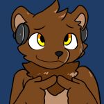 2023 anthro bear bearphones blue_background brown_bear brown_body brown_fur fur grizzly_bear headphones looking_up male mammal neck_tuft prate-dragon questioning reaction_image simple_background smile tuft ursine 