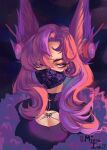  1girl absurdres alternate_costume artist_name black_shirt breasts cleavage floral_print headphones highres large_breasts league_of_legends long_hair looking_at_viewer mask miela_(mielaink) mouth_mask parted_bangs pink_eyes pink_hair red_hair shirt solo starry_background upper_body xayah 