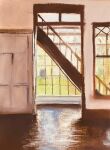  day door highres indoors no_humans original painting_(medium) railing sakaue111 shadow stairs sunlight traditional_media wall window 