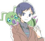  bandai_namco blue_eyes blush clothing digimon digimon_(species) duo feral green_body hair human jacket ken_ichijouji male mammal purple_eyes purple_hair segmented_body shiki_digi sweater topwear turtleneck wormmon 