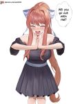  1girl ^_^ absurdres bare_shoulders black_shirt black_skirt bow breasts brown_hair closed_eyes commentary doki_doki_literature_club facing_viewer feet_out_of_frame hair_bow highres long_hair medium_breasts miniskirt monika_(doki_doki_literature_club) off-shoulder_shirt off_shoulder open_mouth own_hands_together pleated_skirt ponytail shirt short_sleeves simple_background skirt solo standing very_long_hair white_background white_bow yami_(rear4742) 