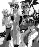  aak_(arknights) animal_ear_fluff animal_ears arknights bare_shoulders character_request check_character collarbone collared_shirt dress_shirt fins food food_in_mouth furry furry_male gradient_background grey_background hair_between_eyes hand_in_pocket hat head_fins highres holding holding_food horns iwashi_80 lee_(arknights) mouth_hold open_clothes open_shirt palm_tree pants popsicle round_eyewear shirt short_sleeves shorts standing sunglasses tank_top tree waai_fu_(arknights) white_background 