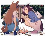  2girls animal_ears backpack bag blue_footwear blue_jacket blue_skirt bow braid brown_hair calico cat closed_eyes commentary_request ear_bow floral_print french_braid grass_wonder_(umamusume) grin hair_between_eyes hair_ornament hairclip high_heels highres horse_ears horse_girl horse_tail jacket multicolored_hair multiple_girls outdoors pink_footwear pink_skirt puffy_short_sleeves puffy_sleeves purple_bow shirt shoes short_hair short_sleeves shoulder_bag skirt sleeves_rolled_up smile sneakers special_week_(umamusume) squatting streaked_hair tail tail_through_clothes teddy_(takarada) umamusume white_bag white_hair white_shirt 
