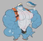  abs absurd_res anchor_symbol anthro areola baleen_whale barely_contained big_bulge big_muscles big_tail blue_body blue_whale blush bodily_fluids bulge cetacean clothing countershading dumbandgreen footwear generation_3_pokemon hi_res huge_abs huge_biceps huge_calves huge_deltoids huge_muscles huge_pecs huge_quads huge_trapezium humanoid hyper hyper_muscles life_jacket male mammal manly marine musclegut muscular nintendo nipples orange_clothing pecs pink_nipples pokemon pokemon_(species) pokemorph sailor_hat sandals slightly_chubby solo steam_clouds sweat tail wailord white_body white_countershading 