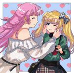  2girls another_eden artist_name bag bare_shoulders blonde_hair bow character_request closed_mouth earrings hair_bow jewelry long_hair multiple_girls one_eye_closed open_mouth pink_hair shinwoo_choi shoulder_bag skirt smile twintails twitter_username 