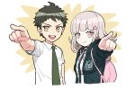  1boy 1girl backpack bag breast_pocket collared_shirt danganronpa_(series) danganronpa_2:_goodbye_despair dede_(qwea_00000) hinata_hajime looking_at_viewer nanami_chiaki necktie open_mouth pink_eyes pink_hair pocket pointing shirt simple_background smile source_request upper_body v-shaped_eyebrows white_background yellow_eyes 