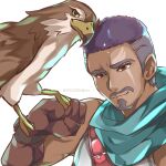  1boy bird bird_on_hand brown_gloves dark-skinned_male dark_skin dragalia_lost eagle facial_hair gloves goatee hawk_(dragalia_lost) highres looking_at_viewer male_focus mustache po_pooch scarf short_hair smile twitter_username upper_body white_background 