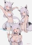  1girl :o ;d absurdres ahoge animal_ear_fluff animal_ears arms_up bikini black_ribbon blush braid breasts cleavage fox_ears fox_girl fox_shadow_puppet fox_tail grin hair_between_eyes highres hololive large_breasts looking_at_viewer multiple_views one_eye_closed open_mouth ribbon shirakami_fubuki short_shorts shorts side_braid sidelocks simple_background single_braid sitting smile sooon swimsuit tail virtual_youtuber wading water white_bikini white_hair white_shorts 