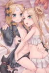  2girls abigail_williams_(fate) abigail_williams_(swimsuit_foreigner)_(fate) abigail_williams_(swimsuit_foreigner)_(third_ascension)_(fate) abigail_williams_(traveling_outfit)_(fate) absurdres arm_around_waist ass bandaid bandaid_on_face bandaid_on_forehead bare_shoulders belt bikini black_bow black_cat black_jacket black_panties blonde_hair blue_eyes blush bow braid breasts butt_crack cat crossed_bandaids dual_persona fate/grand_order fate_(series) forehead galbany_(tsgororin) grin hair_bow hair_bun hair_rings hand_on_another&#039;s_ass high_collar highres hug jacket long_hair long_sleeves looking_at_viewer looking_back miniskirt multiple_girls multiple_hair_bows navel open_clothes open_jacket open_mouth orange_belt orange_bow panties panty_pull parted_bangs polka_dot polka_dot_bow pulled_by_another sidelocks skirt sleeves_past_fingers sleeves_past_wrists small_breasts smile stuffed_animal stuffed_toy swimsuit teddy_bear thighs twin_braids twintails underwear very_long_hair white_bikini white_bow 