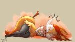  1girl ^^^ absurdres animal_ear_fluff animal_ears animal_feet animal_nose artist_name black_fur body_fur braixen commentary_request constricted_pupils drooling flat_chest fox_ears fox_girl fox_tail full_body fur_collar furry furry_female highres legs legs_together looking_at_viewer lying multicolored_fur navel on_side open_mouth pepper_gecko72 pokemon pokemon_(creature) red_eyes saliva shiny_skin signature solo stick stomach surprised sweat tail thighs waking_up wavy_mouth white_fur wide_hips yellow_fur 