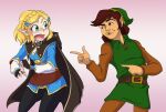  blonde_hair breath_of_the_wild brown_hair cape cd-i clothing duo elf eye_contact female fingerless_gloves gloves hair handwear humanoid humanoid_pointy_ears hylian link link:_the_faces_of_evil looking_at_another male nintendo not_furry open_mouth pose princess_zelda scottforester17 simple_background the_legend_of_zelda 