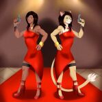  anthro clothing dress felid female footwear gun high_heels human jewelry lion mammal natasha_lingwood_(jasonvuk666) pantherine ranged_weapon red_clothing red_dress riroryder simple_background weapon 