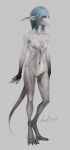  5_toes akrolayn ambiguous_species anthro biped black_body black_ears black_hands black_markings black_sclera black_skin blue_eyes blue_hair breasts claws detailed digitigrade featureless_crotch feet female full-length_portrait grey_background hair hi_res humanoid_fingers markings navel nude portrait red_claws scalie shaded signature simple_background solo standing three-quarter_view toes unknown_species white_body white_ears white_skin 