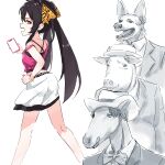  3boys absurdres animal_head animal_print axel_in_harlem_(meme) black_hair camisole dog_head hand_on_own_hip highres holding holding_phone horse_head idolmaster idolmaster_cinderella_girls idolmaster_cinderella_girls_u149 jewelry leopard_print long_hair looking_back matoba_risa meme multiple_boys necklace phone pig_head print_ribbon ribbon skirt sstthei twintails white_background white_skirt yellow_eyes 