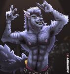  acidwuff anthro armpit_hair black_sclera body_hair canid chest_hair clothed clothing fangs front_view fur grey_body grey_fur grey_hair hair hairy_arms happy_trail hi_res looking_at_viewer male mammal muscular muscular_anthro muscular_male navel nipples open_mouth pecs pink_nipples solo teeth topless yellow_eyes 