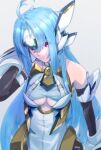  1girl ahoge android bare_shoulders blue_hair boots breasts cleavage cleavage_cutout clothing_cutout cyborg elbow_gloves forehead_protector gloves headgear highres huge_ahoge kos-mos kos-mos_ver._4 long_hair looking_at_viewer red_eyes robot_ears shaded_face tatuya3363 thigh_boots xenosaga 