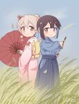  2girls artist_name blue_hair brown_eyes brown_hair colored_inner_hair commentary_request day drawing_sword flower frown grass grey_hair hair_between_eyes hair_bun hair_flower hair_ornament hakama highres hip_vent holding holding_sword holding_umbrella holding_weapon hozuki_momiji japanese_clothes katana kimono light_blush looking_at_viewer multicolored_hair multiple_girls oil-paper_umbrella onii-chan_wa_oshimai! outdoors oyama_mahiro pink_kimono samurai sfm_zhang short_hair short_ponytail single_hair_bun smile sword two-tone_hair umbrella weapon wings 