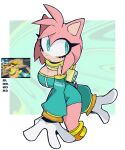  amy_rose anthro armwear blue_eyes bomb_rush_cyberfunk clothing cosplay crossover crossover_cosplay dynablade2 elbow_gloves eulipotyphlan female gloves handwear hedgehog hi_res mammal one_piece_suit pink_body sega solo sonic_the_hedgehog_(series) 