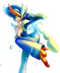  2023 action_pose ambiguous_gender anthro athletic avian beak blue_body blue_feathers bright_light chest_tuft clenched_fists depth_of_field feathered_crest feathers focused generation_9_pokemon green_eyes head_crest hi_res kick long_legs looking_away markings nintendo orange_tubuan pokemon pokemon_(species) pose quaquaval raised_arm simple_background small_waist solo tail_feathers talons tuft white_body white_feathers yellow_beak 