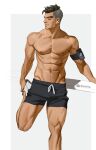  1boy abs alleveolive artist_name asymmetrical_hair black_hair craig_cahn digital_media_player dream_daddy:_a_dad_dating_simulator earbuds earphones highres large_pectorals male_focus muscular muscular_male navel nipples pectorals short_hair sidecut solo standing standing_on_one_leg stretching thick_eyebrows topless_male undercut veins white_background 