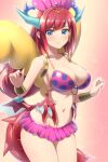  1girl bare_shoulders bikini blue_eyes blue_horns blush breasts cleavage commission dragon_girl dragon_horns duel_monster hair_ornament highres horns jewelry kitchen_dragonmaid long_hair navel pataneet pixiv_commission polka_dot polka_dot_bikini red_wings solo stomach swimsuit wings yu-gi-oh! 
