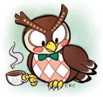  2013 animal_crossing avian beverage bird blathers_(animal_crossing) bow_tie bow_tie_only brown_body coffee coffee_cup container cup green_bow_tie holding_object inonibird low_res male mostly_nude nintendo owl signature simple_background solo 