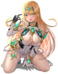 1girl bare_shoulders blonde_hair blush breasts commentary_request earrings elbow_gloves food full_body gloves hair_ornament highres holding holding_food holding_popsicle jewelry kneeling large_breasts long_hair looking_at_viewer mythra_(xenoblade) nemunemu_semi open_mouth popsicle simple_background skindentation smile thigh_strap thighs tongue tongue_out white_background white_gloves xenoblade_chronicles_(series) xenoblade_chronicles_2 yellow_eyes 