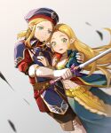  absurdres blonde_hair blue_dress blue_eyes bridal_gauntlets dress earrings green_eyes hat highres jewelry link long_hair master_sword pointy_ears princess_zelda princess_zelda_(botw) royal_guard_set_(zelda) short_ponytail sidelocks simple_background the_legend_of_zelda the_legend_of_zelda:_breath_of_the_wild wide_sleeves wufaxianshi_cnd 