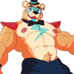  animatronic anthro bear body_hair bottomwear bow_ribbon bow_tie bracelet clothing ear_piercing ear_ring five_nights_at_freddy&#039;s five_nights_at_freddy&#039;s:_security_breach freddy_(fnaf) fur glamrock_freddy_(fnaf) hat headgear headwear hi_res jewelry looking_at_viewer machine male male/male mammal moobs muscular muscular_male nipples orange_body orange_fur pants pecs piercing pubes ring_piercing robot scottgames shoulder_pads smile solo spiked_bracelet spikes steel_wool_studios top_hat vaggo 