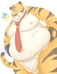  2023 anthro balls belly big_belly black_nose epic_games felid flaccid fortnite genitals ginsingoo1 hi_res kemono male mammal moobs necktie nipples oscar_(fortnite) overweight overweight_male pantherine penis simple_background small_penis solo tiger white_background 
