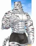  1boy abs animal_ears arknights bara black_male_underwear blackwolfstain boxer_briefs bulge facial_hair feet_out_of_frame frown furry furry_male goatee highres large_hands large_pectorals looking_to_the_side male_focus male_underwear mountain_(arknights) muscular muscular_male navel nipples open_hand pectorals scar scar_across_eye scar_on_arm short_hair solo standing stomach strongman_waist thick_eyebrows thick_thighs thighs tiger_boy tiger_ears topless_male underwear white_fur white_hair 
