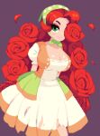  1girl arms_behind_back blush bonnet breasts briar_(inknetti) cleavage dress flower green_eyes looking_at_viewer makeup mascara minimilieu original petals pixel_art red_flower red_hair red_rose rose simple_background smile solo torn_clothes torn_dress upper_body white_dress 
