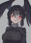  1girl black_hair blush breasts buttons don3 eyelashes glowing glowing_eyes grey_background hair_between_eyes kemono_friends large_breasts open_mouth red_eyes short_twintails simple_background solo teeth turtleneck twintails upper_teeth_only yatagarasu_(kemono_friends) 
