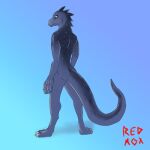  anthro blue_body blue_eyes butt claws countershading dragon hi_res lizard lizard_tail long_tail looking_at_viewer looking_back male redmox_(artist) reptile reptile_tail scalie simple_background solo spots spotted_body standing tail 