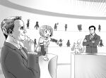  2boys :3 alien better_call_saul breaking_bad cape closed_mouth collared_shirt courtroom crossover formal gloamy gloves greyscale highres howard_hamlin kyubey looking_at_another magical_girl mahou_shoujo_madoka_magica miki_sayaka monochrome multiple_boys multiple_girls necktie open_mouth pointing pointing_at_another saul_goodman shirt short_hair standing suit upper_body 