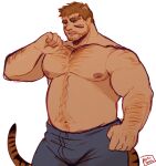  1boy animal_ears arm_hair bara beard_stubble belly brown_hair bulge chest_hair eye_black feet_out_of_frame hairy highres large_pectorals looking_ahead male_focus mature_male muscular muscular_male navel navel_hair nipples original pants pectorals ruslorc sanpaku short_hair solo standing stomach tail thick_eyebrows tiger_boy tiger_ears tiger_tail topless_male 