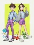 1boy 1girl :d absurdres ahoge alternate_costume blue_eyes braid buttons cardigan collared_shirt commentary_request cowlick eyelashes florian_(pokemon) fuecoco grey_cardigan grey_footwear hand_up highres juliana_(pokemon) knees nori_(hgdm2784) open_cardigan open_clothes open_mouth pants plaid plaid_pants plaid_shorts pokemon pokemon_(creature) pokemon_(game) pokemon_sv quaxly shirt shoes shorts smile sneakers socks sprigatito standing starter_pokemon_trio striped striped_shirt suspenders v vertical-striped_shirt vertical_stripes white_socks 